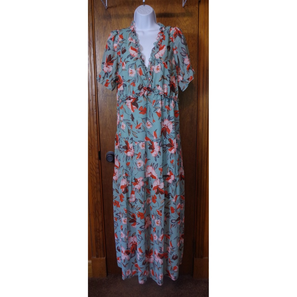 Floral Ruffle Maxi Dress in Seafoam Green